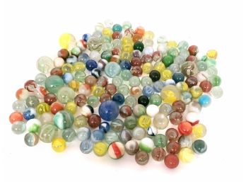 Large Lot Of 100 Vintage Marbles Including Agates, Shooters And More In An Atlas Jar
