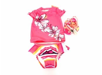 Children's Girls Gymboree 2 Piece Bathing Suit Size 3T With Oshkosh Sandals Size XS 3-4 New With Tags