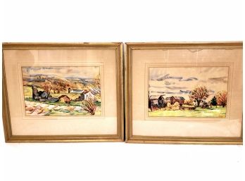 Pair Of Country Farm Themed Signed Watercolor Paintings