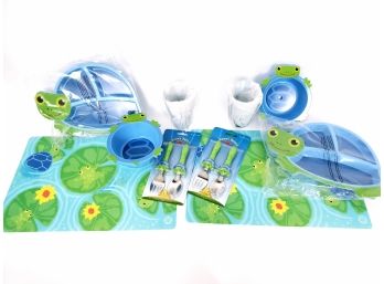 A Pair Of New Melissa And Doug Scootin Turtle Childs Flatware, Plate, Placemat Set