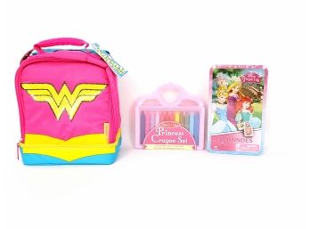 Lot Of Wonder Woman Thermos Brand Girls Lunchbox, Princess Crayon Set And Disney Princess Dominoes All New