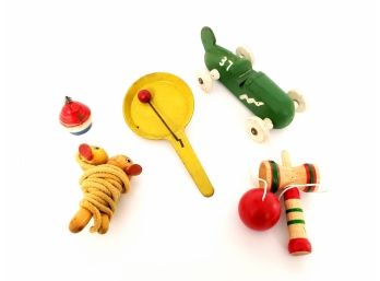 Lot Of Vintage Children's Toys Including Wooden Toys And Tin Noise Maker