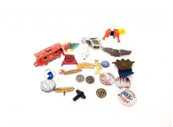 Mixed Smalls Lot Including Vintage Tin Toy,wind Up Key, Pep Pin, Steel Pennies And More