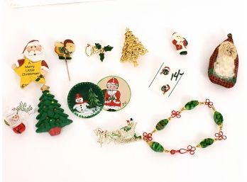 Christmas Jewelry Lot, Tree Pin, Millefiori Bracelet, Santa And More