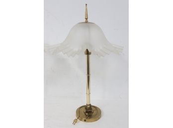 Pair Of Brass Table Lamps With Hard Plastic Shades
