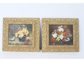Pair Of Signed Antique Hand Painted Oil On Board Flower Pictures In Gold Gilt Frames