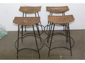 Set Of 4 Vintage Wrought Iron And Wicker Stools