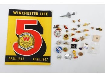 Mixed Box Lot  Winchester Life Magazine And Assorted Pins