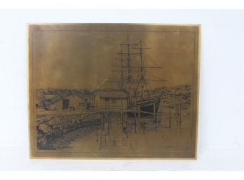 Large Brass Etching Plate Of A Ship In Port Signed R. Bradley Hutchins Listed Artist