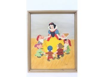 Vintage Hand Painted Oil On Canvas Of Snow White And The Seven Dwarfs Signed Benny