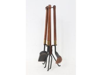 Vintage Wrought Iron And Wood Fireplace Tool Set