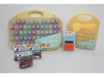 New 6pc Arts & Crafts Lot ~ 2 Paper Punch Sets, 3 Packs Of Loom Bands, & 1 Impress Art Lower Case Letters
