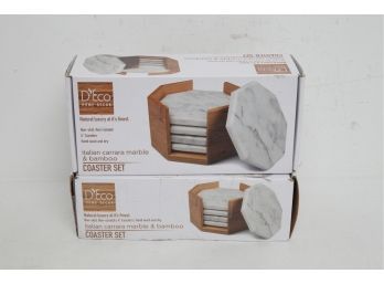 2 New D'Ecco Italian Carrara Marble & Bamboo Coaster Sets