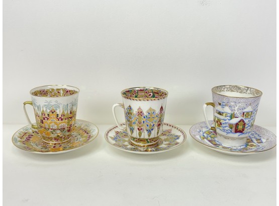 Set Of 3 Russian Teacups And Saucers