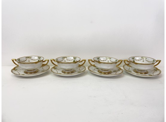 Set Of 4 Limoges Cream Soup Cups And Saucers