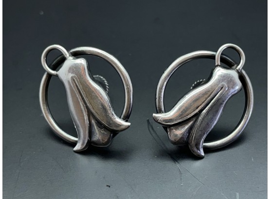 Art Nouveau Design Silver Screw Back Earrings