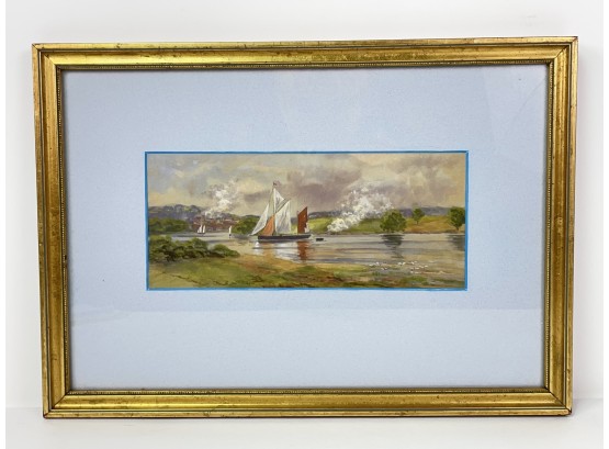 Sailboats On River Watercolor