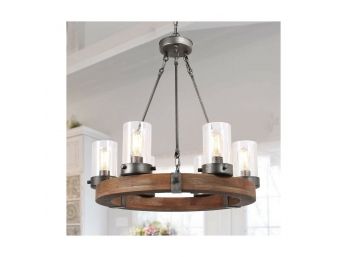 LNC Farmhouse Chandelier Wood Round Wagon Wheel 6-Light Fixture With Seeded Glass Shades