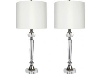 28.5 In. Grey Silk-Like Polished Chrome Genuine Crystal Table Lamps With Accents And Drum Shades