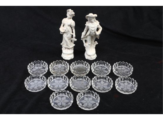 Group Of 12 Glass Coasters W/ Pair Of White Bisque Figures