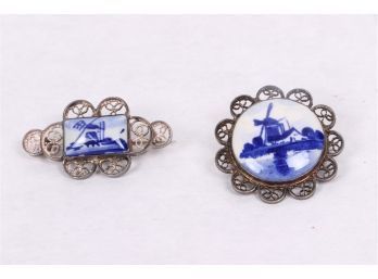 2 Sterling Silver Delft Ladies Brooches