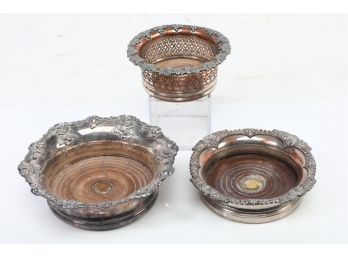Three Antique Sheffield Wine Coasters Sliver Plate On Copper