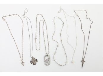 Collection Of 6 Sterling Silver Necklaces With Crosses And Pearls