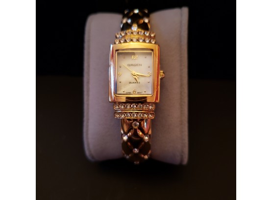 NEW Gruen Ladies Gold And Rhinestone Cuff Watch - New Battery