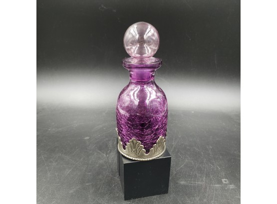 5' Purple Handblown Crackled Glass Bottle With Stopper