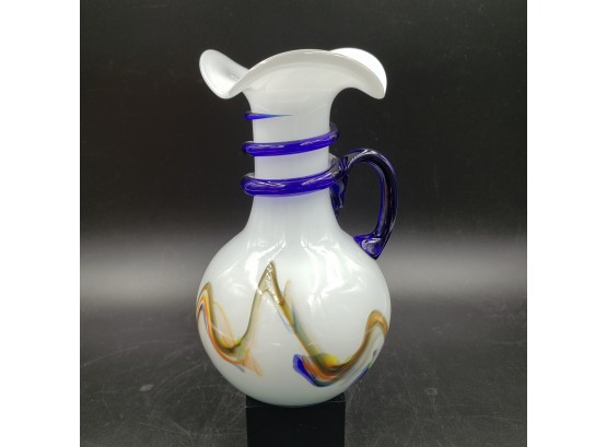 6.5' Kralik Glass Pitcher White  With Applied Blue Swirled Glass Handle Ruffled Top