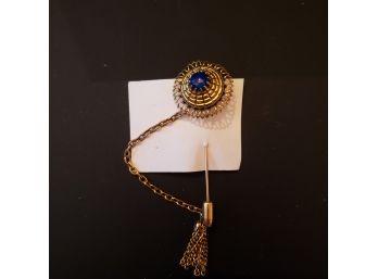 Vintage 4' Floral Stickpin With Large Lapis Lazuli Stone And Chain