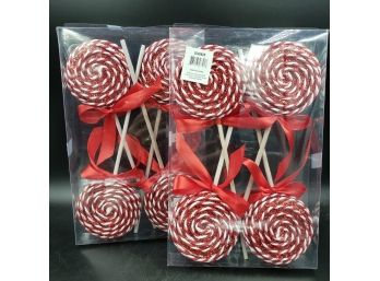 NEW IN BOX - 2 Boxes Of  4 Red & White Glittered 11' Lollipops For Decoration)