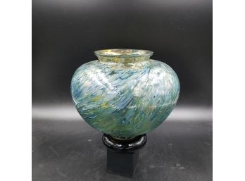 Beautiful Studio Art Glass Vase Swirled Textured  Iridescent Green Surface - Signed