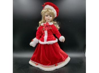 Doll Dressed In Red Velvet Christmas Style Dress With White Fur Trim (includes Stand)