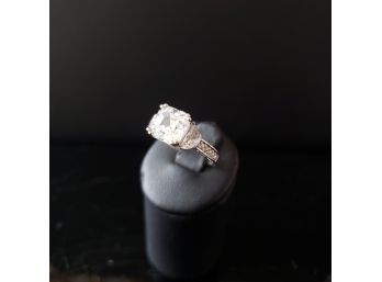 NEW Radiant Cut Diamonique Stone In Solid 14k White Gold - Size 7 1/4
