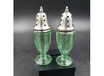 Antique Pair Of 3' Cut Green Glass Salt Pepper Shakers With Sterling Silver Lids