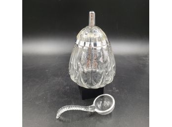 Antique Covered Glass With Silver Overlay Jelly Jam Jar With Spoon