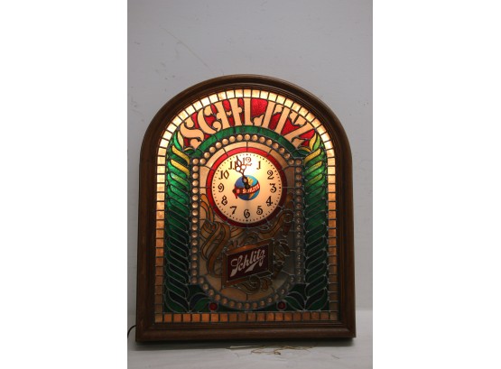 Vintage SCHLITZ Beer Lighted Sign With Clock Faux Stained Glass