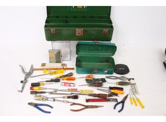 Group Of Hand Tools With Metal Toolboxes