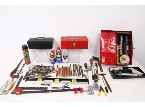 Large Lot Of Tools Include Stanley Level, HILTI New Drill Bits, Grease, Clamp & More