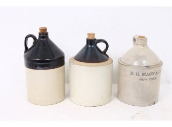 Group Of 3 Antique Stoneware Jugs Including R.H. Macy & Co New York