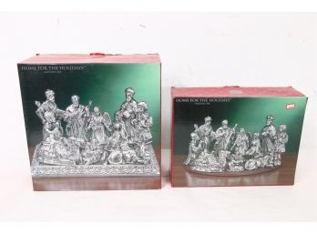 Pair Of Home For The Holidays Silver Plated Porcelain Nativity Set - NEW