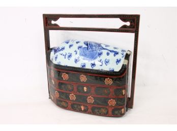 Large Chinese Porcelain & Black Lacquered 4-tier Wedding Basket Box Foo Dog Design
