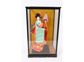 Japanese Geisha Doll In Glass Box