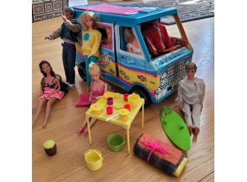 Vintage Barbie Beach Bus With Dolls And Accessories