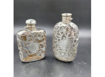 Lot Of 2 Antique Sterling Silver Overlay Glass Flasks