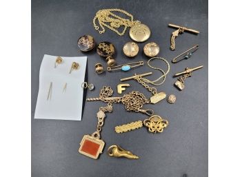 Lot Of Gold Filled Antique Jewelry Button Inserts, Pocket Watch Fob Parts, Pins