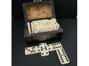 Antique Travel Chinese Double Sixes Set In Wooden Case - 28 Tiles With Brass Buttons