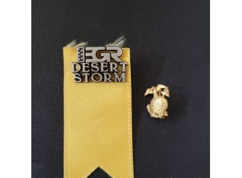 2 Military Lapel Pins - Desert Storm And U.S.M.C.