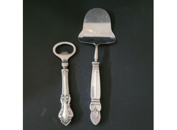 2 Unusual Silver Plated Serving Pieces,  Cheese Slicer And Bottle Opener